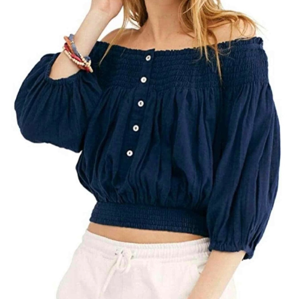 Free People We The Free Dancing Till Dawn Off Shoulder Cropped Top Navy Blue M